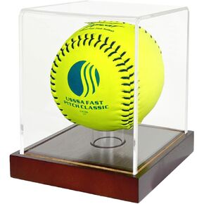 Softball Display Case,Clear Acrylic Ball Display Holder for 12 inch Softball,UV Protected Cube with Wood Base Stand for Tennis Ball Baseball Golf Ball,Championship Sport Collection Box Showcase
