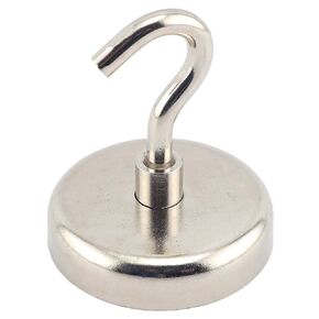 Master Magnetics Retaining Magnet with Hook - Nickel Plated, 175 Pounds Hold, Neodymium Magnet, 1.89" Diameter, 2.223" Overall Height, NACK189