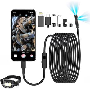 Endoscope Camera with Light iPhone, 1920P HD, 16.4ft Cable, IP67,for iPhone & Android Devices,with LED Headlamp