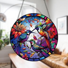 11.8 Inches Hummingbirds On Branch Acrylic Window Hanging Decor Stained Glass Panels Red Flowers Wall Art Mural for Bedroom Garden Wall Decoration Suncatcher Gift for Mom Grandma Teacher