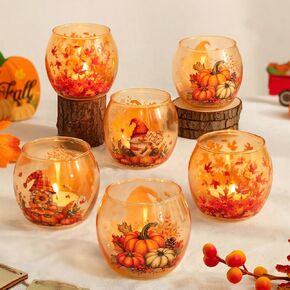 حوامل شموع نذرية من Hewory Fall: مجموعة حامل شموع Tealight الزجاجية لعيد الشكر مكونة من 6 قطع، حوامل شموع ضوء الشاي الكهرمان ديكورات عيد الشكر لقطع مركزية للطاولة وحفلات تجمع ديكور المنزل in Kuwait