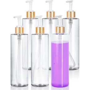 JUVITUS Clear 16 oz / 500 ml Professional Cylinder PET Plastic Bottles (BPA Free) (6 pack) (Gold Lotion Pump)