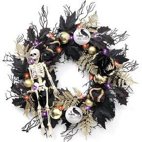 DecorbyHannah Halloween Wreath, 24 Inch Halloween Door Wreath with Lights, Black Gold Halloween Decorations with Scary Skull Skeleton Ornaments for Porch Window Outdoor Indoor Home Party Decor