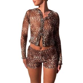 sedmoda Women Sexy Two Piece Outfits Leopard Print Button Down Mesh Crop Top and Shorts Set Club Outfits