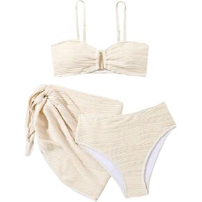 SHENHE Girl's 3 Piece Swimsuit with Sarong Coverup Wrap Skirt High Waist Textured Bikini Set