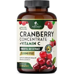 Cranberry Extract Pills + Vitamin C (25,000mg Formula) - Natural Urinary Tract Health Support with Cranberry Supplement for Women & Men - Nature's, Non-GMO, Gluten Free - 60 Capsules