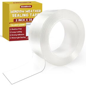 Transparent Window Weather Sealing Tape, 2 Inch x 33Feet Window Sealing Tape, Draft Stopper & Insulation Window Tape for Doors, Windows and Shower Glass Gaps, No Residue