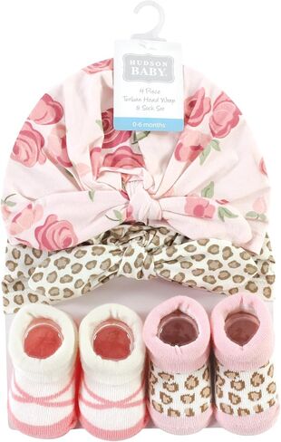 Hudson Baby Girls Turban and Socks Set, Red Rose Leopard, One Size in Saudi Arabia