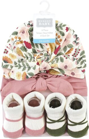 Hudson Baby Girls Turban and Socks Set, Red Rose Leopard, One Size in Saudi Arabia