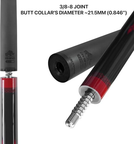 RHINO Eclipse Pool Cue - أحمر (مفصل نصف قطري) - 12.8 مم، قطر الطرف 12.4 مم. استقامة. عمود من ألياف الكربون بنسبة 100% ومؤخرة مركبة. قبضة جلد من الألياف الدقيقة. تفتق برو in Kuwait