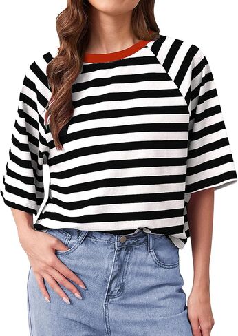 تي شيرتات نسائية كبيرة الحجم مخططة بألوان زاهية ورقبة دائرية من القطن الأساسي وأكمام قصيرة كاجوال فضفاضة للصيف تي شيرت in Kuwait