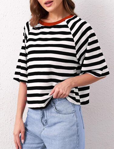 تي شيرتات نسائية كبيرة الحجم مخططة بألوان زاهية ورقبة دائرية من القطن الأساسي وأكمام قصيرة كاجوال فضفاضة للصيف تي شيرت in Kuwait