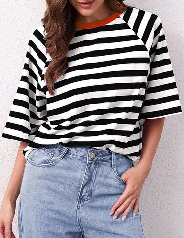 تي شيرتات نسائية كبيرة الحجم مخططة بألوان زاهية ورقبة دائرية من القطن الأساسي وأكمام قصيرة كاجوال فضفاضة للصيف تي شيرت in Kuwait