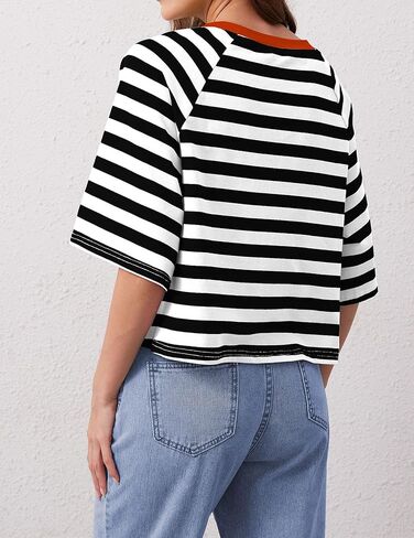 تي شيرتات نسائية كبيرة الحجم مخططة بألوان زاهية ورقبة دائرية من القطن الأساسي وأكمام قصيرة كاجوال فضفاضة للصيف تي شيرت in Kuwait