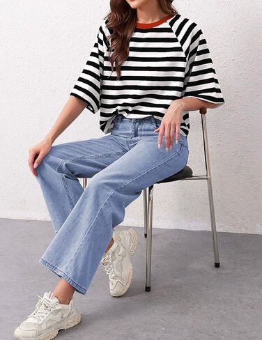 تي شيرتات نسائية كبيرة الحجم مخططة بألوان زاهية ورقبة دائرية من القطن الأساسي وأكمام قصيرة كاجوال فضفاضة للصيف تي شيرت in Kuwait