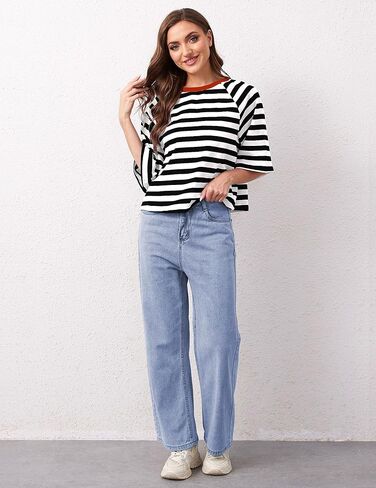 تي شيرتات نسائية كبيرة الحجم مخططة بألوان زاهية ورقبة دائرية من القطن الأساسي وأكمام قصيرة كاجوال فضفاضة للصيف تي شيرت in Kuwait