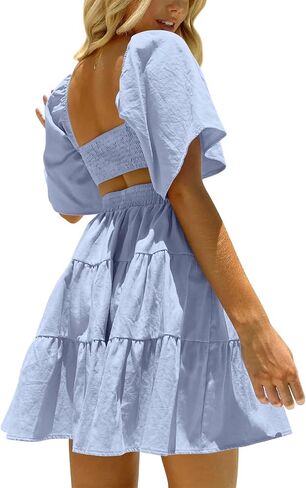 Women's Summer Dresses Square Neck Short Sleeve Cutout Crossover Elastic Waist Casual Party A-Line Mini Dress White in Saudi Arabia