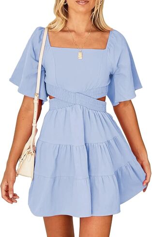 Women's Summer Dresses Square Neck Short Sleeve Cutout Crossover Elastic Waist Casual Party A-Line Mini Dress White in Saudi Arabia