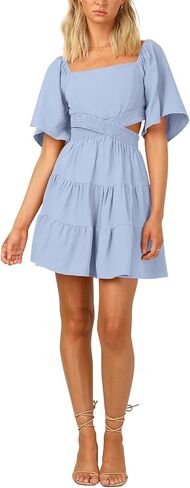 Women's Summer Dresses Square Neck Short Sleeve Cutout Crossover Elastic Waist Casual Party A-Line Mini Dress White in Saudi Arabia