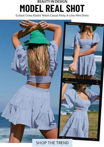 Women's Summer Dresses Square Neck Short Sleeve Cutout Crossover Elastic Waist Casual Party A-Line Mini Dress White in Saudi Arabia