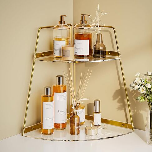 NiHome 2-Tier Acrylic Countertop Corner Organizer for Bathroom Kitchen Bedroom, Corner Skincare Organizers Makeup Organizer for Vanity Storage - Sturdy Metal Frame & Anti-Slip Pads, Home & Office Use in Saudi Arabia