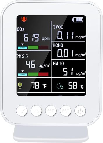 جهاز مراقبة جودة الهواء 7 في 1 داخلي احترافي، محمول PM2.5/PM10/CO2/HCHO، درجة الحرارة، كاشف الفورمالديهايد، الرطوبة، جهاز اختبار TVOC للكشف عن تلوث الهواء الداخلي in Kuwait