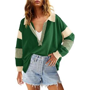 ReachMe Womens Oversized Striped Sweatshirts V Neck Loose Fit Tunic Colorblock Polo Shirts Patchwork Pullover Tops in Kuwait