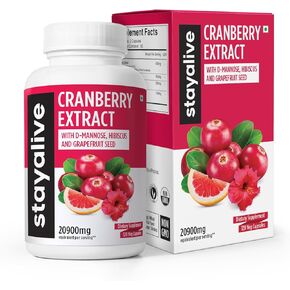 STAY ALIVE Cranberry D-Mannose Supplement 20900mg, 50:1 Super Extract, Urinary Health & Immune Support, Triple Formula w/Hibiscus and Grapefruit Seed, Cranberry Pills for Women and Men, Gluten-Free