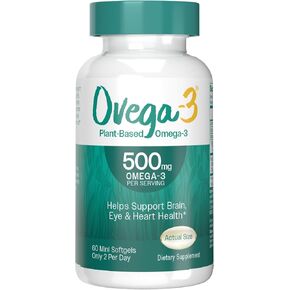 OVEGA-3 Plant-Based Omega-3 from Algal Oil Daily Supplement, 500mg, Supports Brain, Eye & Heart Health, Two Mini softgels per Day, 60 Count