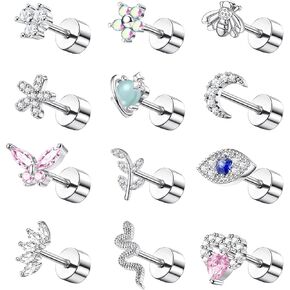 Finrezio 12PCS 18G Stainless Steel Cartilage Earrings for Women Men Flat Back Stud Earrings Heart Butterfly Evil Eye Snake Tiny Flatback Stud Earrings Tragus Couch Helix Piercing Jewelry 6MM 8MM in Kuwait