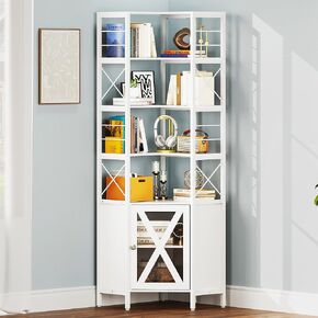 YITAHOME Corner Shelf with Door, 7-Tier Tall Corner Bookshelf, Corner Cabinet with Shelves Freestanding Corner Storage Stand for Living Room, Kitchen, Rustic Brown