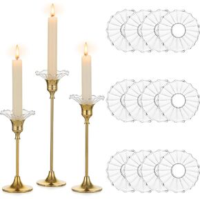 Glasseam Glass Bobeches for Candlesticks Holders: Clear Candle Drip Protectors Set of 12 Ribbed Wax Catchers for Candle Stick Holder Taper Candle Holders for Table Centerpiece Wedding Christmas Dining