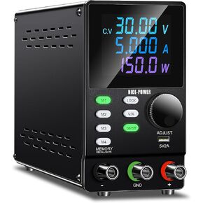 NICE-POWER DC Power Supply Variable, 30V 5A Adjustable Regulated Lab Bench Power Supply with Encoder Knob, Memory Storage, Color 4-Digit Display, Output Switch, Lock Button, 5V/2A USB Port