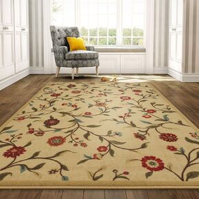 Machine Washable Floral Leaves Design Non-Slip Rubberback 3x5 Traditional Area Rug for Living Room, Bedroom, Kitchen, 3'3" x 5', Beige