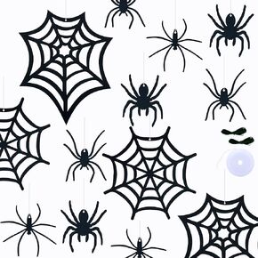 33 PCS Hanging Spider Decorations Spider Ornament Black Felt Spider Web Halloween Decorations for DIY House Decorations