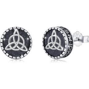 Viking Earrings for Men 925 Sterling Silver Viking Runes Earrings 9mm Tree of Life/Viking Compass Vegvisir/Viking Valknut Stud Earrings Norse Viking Jewelry