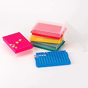 Globe Scientific 456355C Reversible Micro centrifuge Tubes Rack with Cover for 96-Place for 1.5mL, 2.0mL and 96-Place 0.2mL, 0.5mL Tubes, Natural, Pack of 5