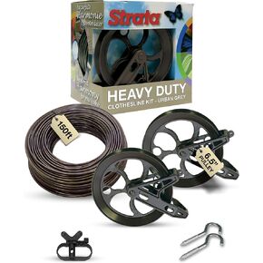 Strata Aged Bronze Harmony Clothesline Outdoor Heavy Duty Kit - 150 Feet Galvanized Wire PVC Coating, 6.5" Aged Bronze Clothesline Pulley 2pcs, Metal Mini Winch Tightener 1pc & 2 Metal Hooks