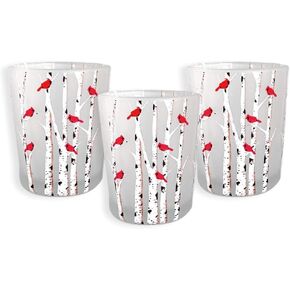 Cardinal Candle Votive Holders - Set of 3 - Frosted Glass - Red Cardinals on Birch Tree Branches