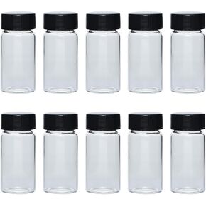 GSHLLO 10 Pcs Round Glass Storage Bottles Clear Pill Medicine Bottle Reagent Media Bottle Empty Sample Containers Refillable Solid Powder Case with Screw Cap 10 ml