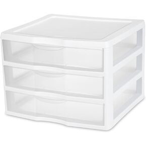 Sterilite Clear Plastic Stackable Small 3 Drawer Storage System for Home Office, Dorm Room, or Bathrooms, White Frame, (6 Pack)