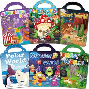 6Set Puffy Sticker Books for Kids 1-3 2-4 Years Old, 3D Reusable Stickers Books for Toddlers,Monster World,Insects,Forest World,Desert World,Polar World,Amusement Park