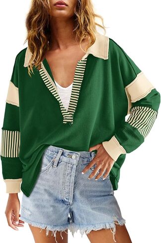 ReachMe Womens Oversized Striped Sweatshirts V Neck Loose Fit Tunic Colorblock Polo Shirts Patchwork Pullover Tops in Kuwait