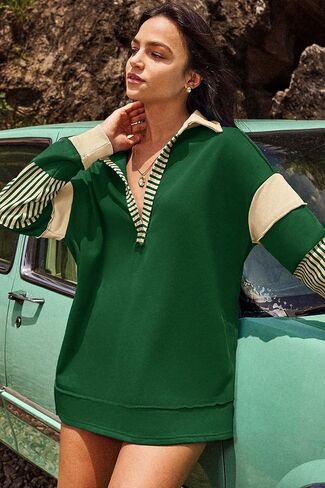 ReachMe Womens Oversized Striped Sweatshirts V Neck Loose Fit Tunic Colorblock Polo Shirts Patchwork Pullover Tops in Kuwait