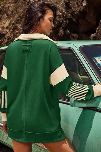 ReachMe Womens Oversized Striped Sweatshirts V Neck Loose Fit Tunic Colorblock Polo Shirts Patchwork Pullover Tops in Kuwait