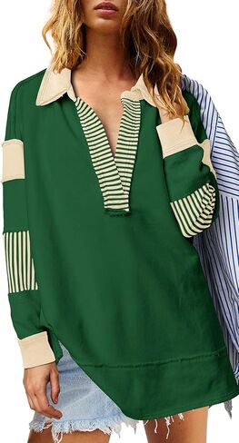 ReachMe Womens Oversized Striped Sweatshirts V Neck Loose Fit Tunic Colorblock Polo Shirts Patchwork Pullover Tops in Kuwait