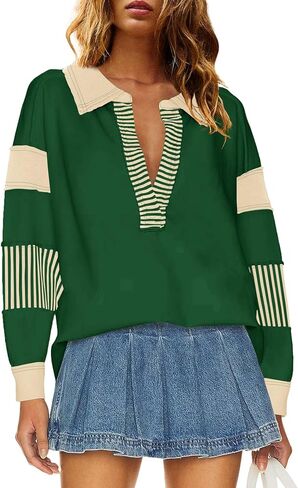 ReachMe Womens Oversized Striped Sweatshirts V Neck Loose Fit Tunic Colorblock Polo Shirts Patchwork Pullover Tops in Kuwait