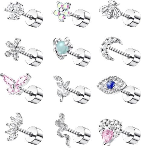 Finrezio 12PCS 18G Stainless Steel Cartilage Earrings for Women Men Flat Back Stud Earrings Heart Butterfly Evil Eye Snake Tiny Flatback Stud Earrings Tragus Couch Helix Piercing Jewelry 6MM 8MM in Kuwait