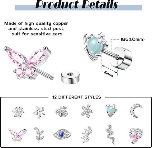 Finrezio 12PCS 18G Stainless Steel Cartilage Earrings for Women Men Flat Back Stud Earrings Heart Butterfly Evil Eye Snake Tiny Flatback Stud Earrings Tragus Couch Helix Piercing Jewelry 6MM 8MM in Kuwait