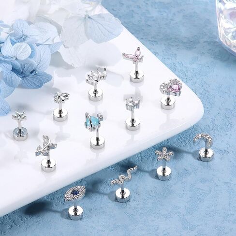 Finrezio 12PCS 18G Stainless Steel Cartilage Earrings for Women Men Flat Back Stud Earrings Heart Butterfly Evil Eye Snake Tiny Flatback Stud Earrings Tragus Couch Helix Piercing Jewelry 6MM 8MM in Kuwait